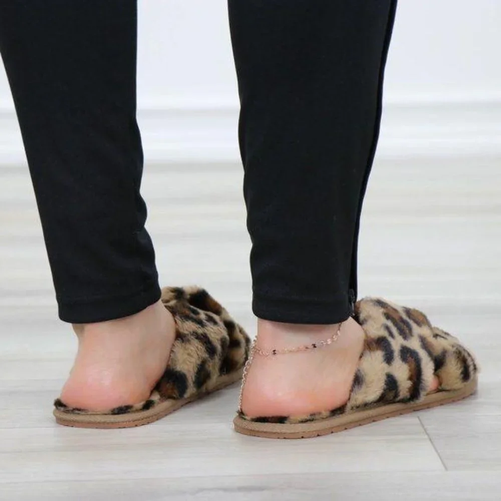 Leopard  Fuzzy Furry Criss Cross Sandal Sliders - Picture 10 of 14
